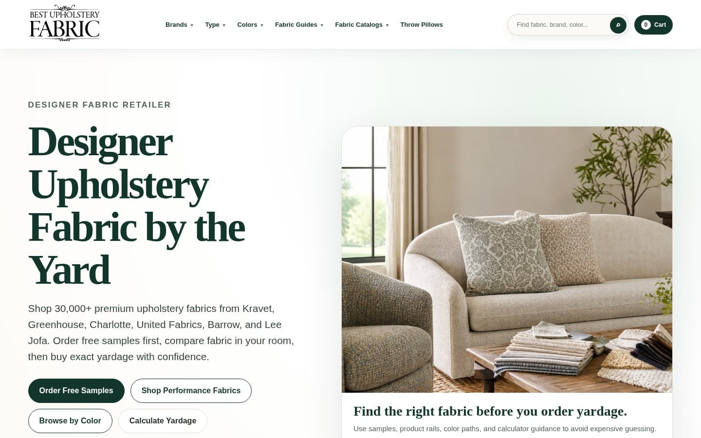 Best Upholstery Fabric homepage with designer fabric shopping and a sofa room setting