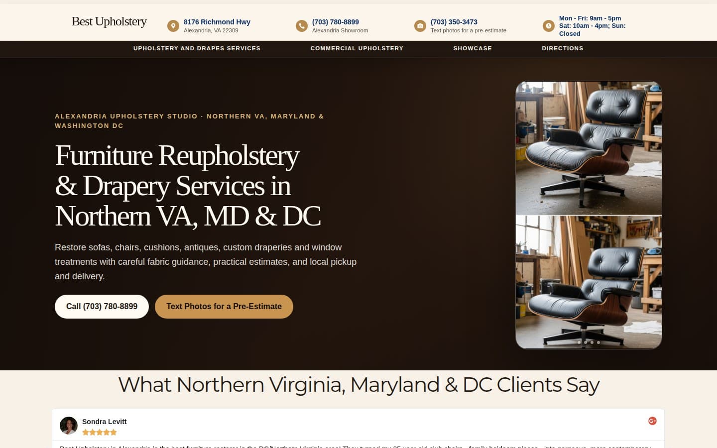 Best Upholstery local website with Alexandria contact details and chair restoration examples