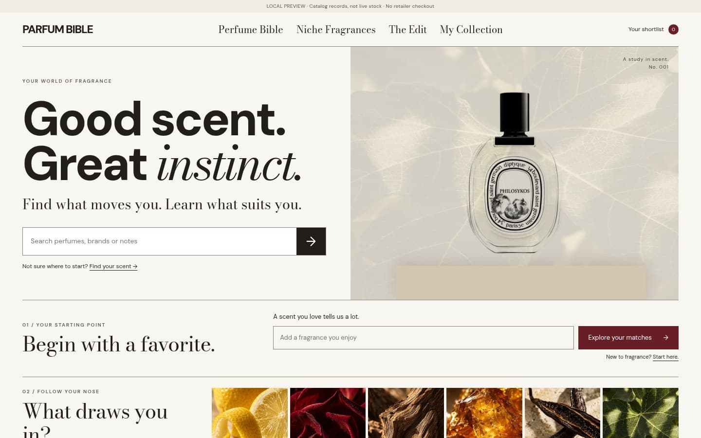 Parfum Bible homepage with fragrance search, perfume imagery, and scent discovery