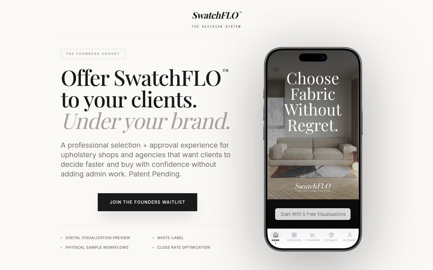 SwatchFLO homepage with a fabric visualization app preview and founder access invitation