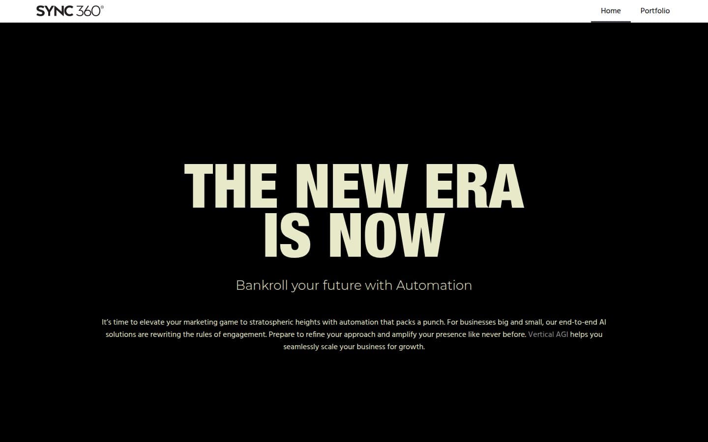 SYNC360 homepage with its automation studio positioning and The New Era Is Now headline