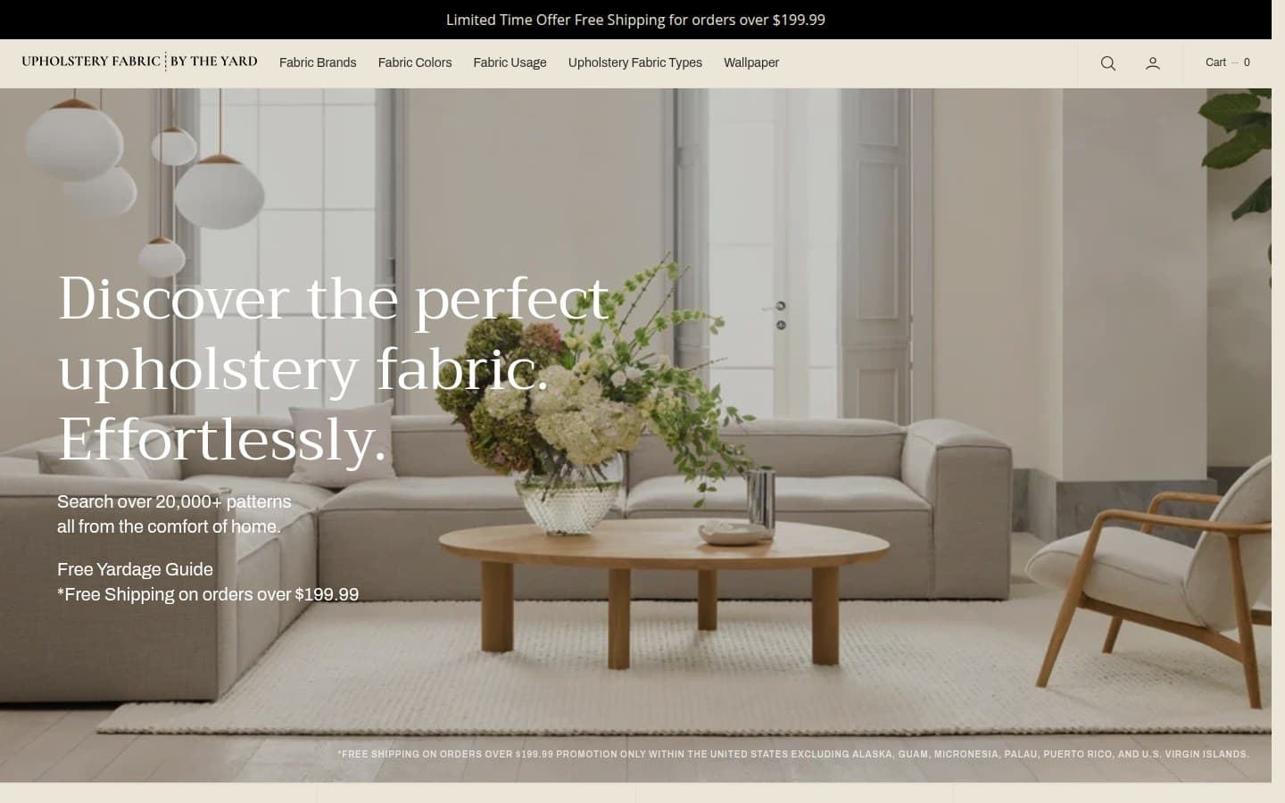 Upholstery Fabric by the Yard homepage with its fabric navigation and living room photography